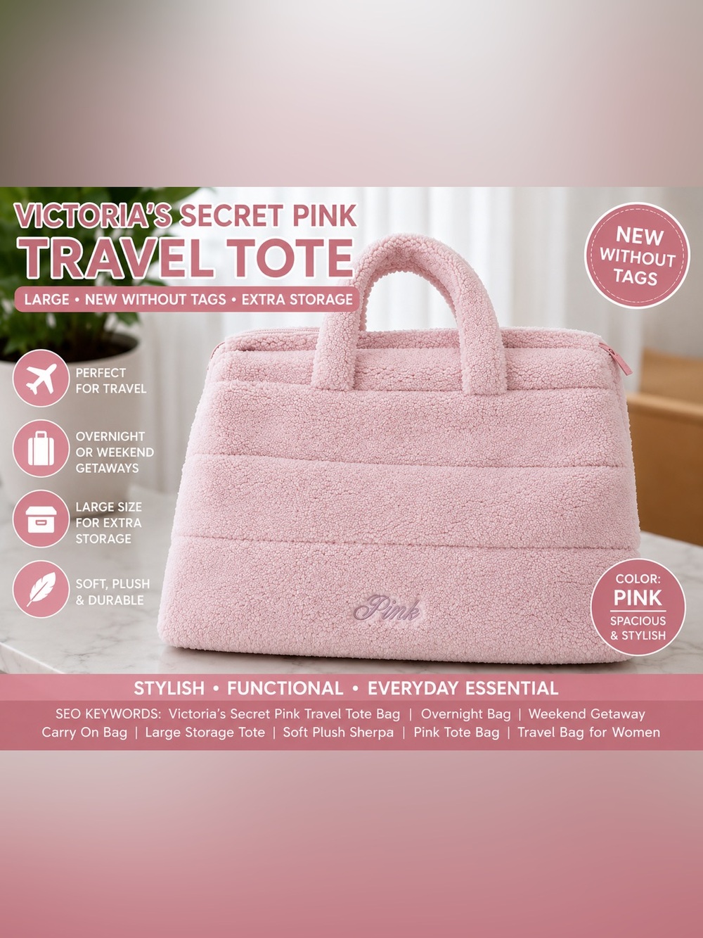 VS Pink Sherpa Travel Overnight Large Weekender plush Carryall